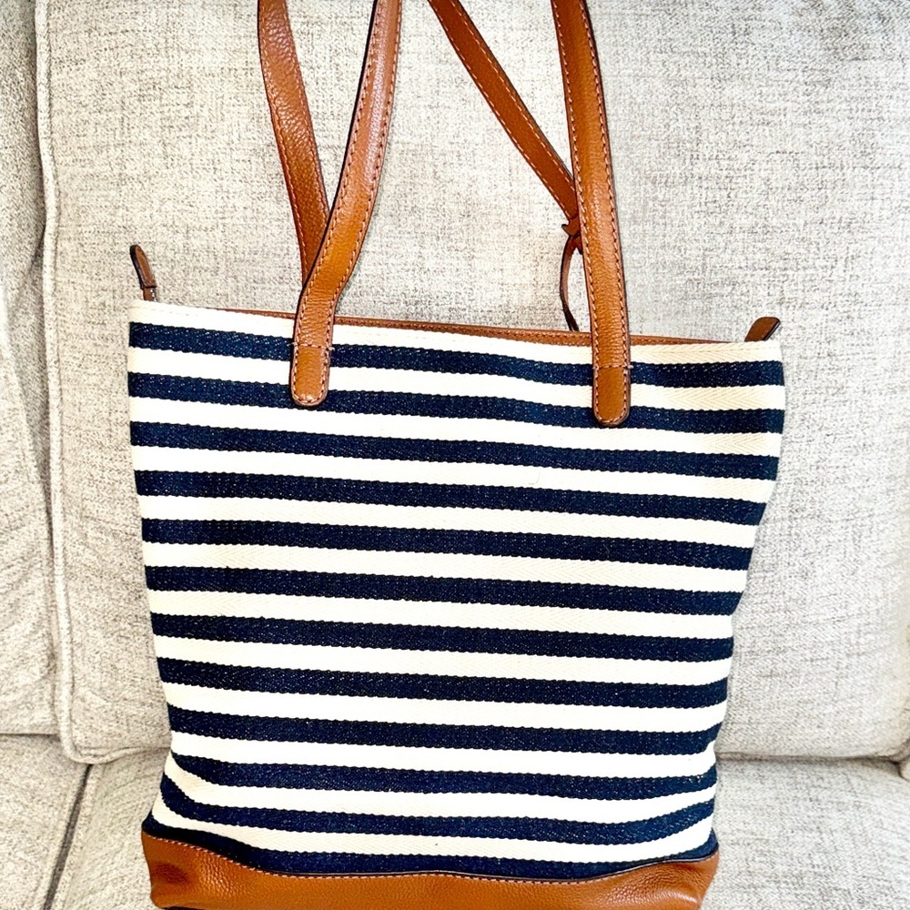 Brighton Sea to Shore Navy and White Striped Tote with Brown Anchor Accent - Picture 4 of 15